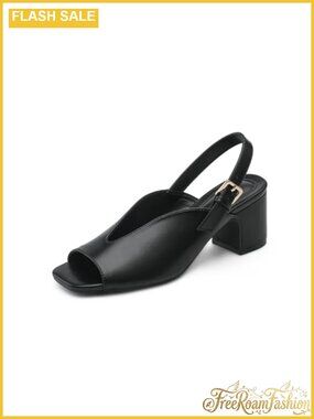Slingback Block Heels Faux Leather Peep Toe Chunky Heeled Sandals